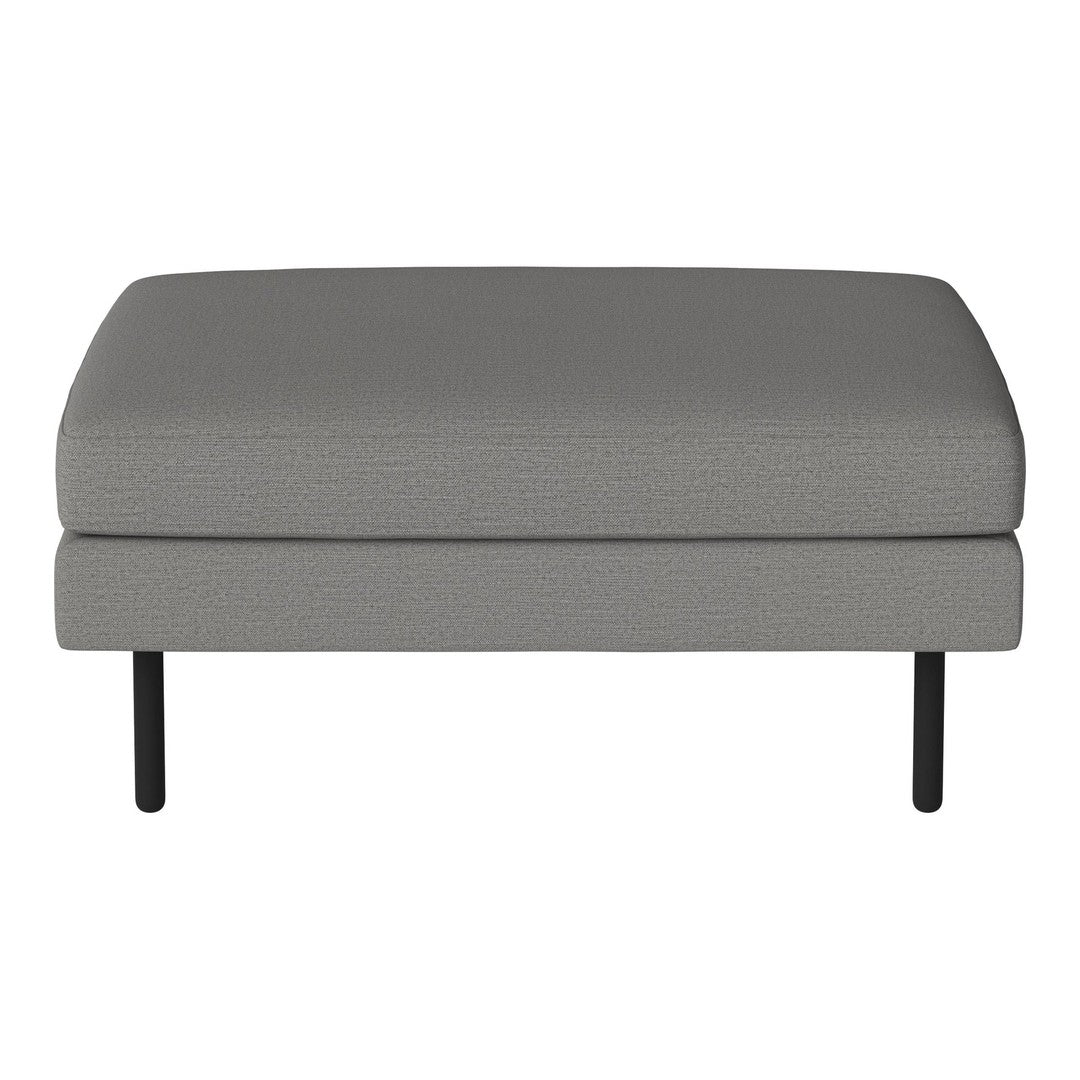 Gray upholstered ottoman with a textured pattern and black metal legs. Perfect for modern and minimalist decor.