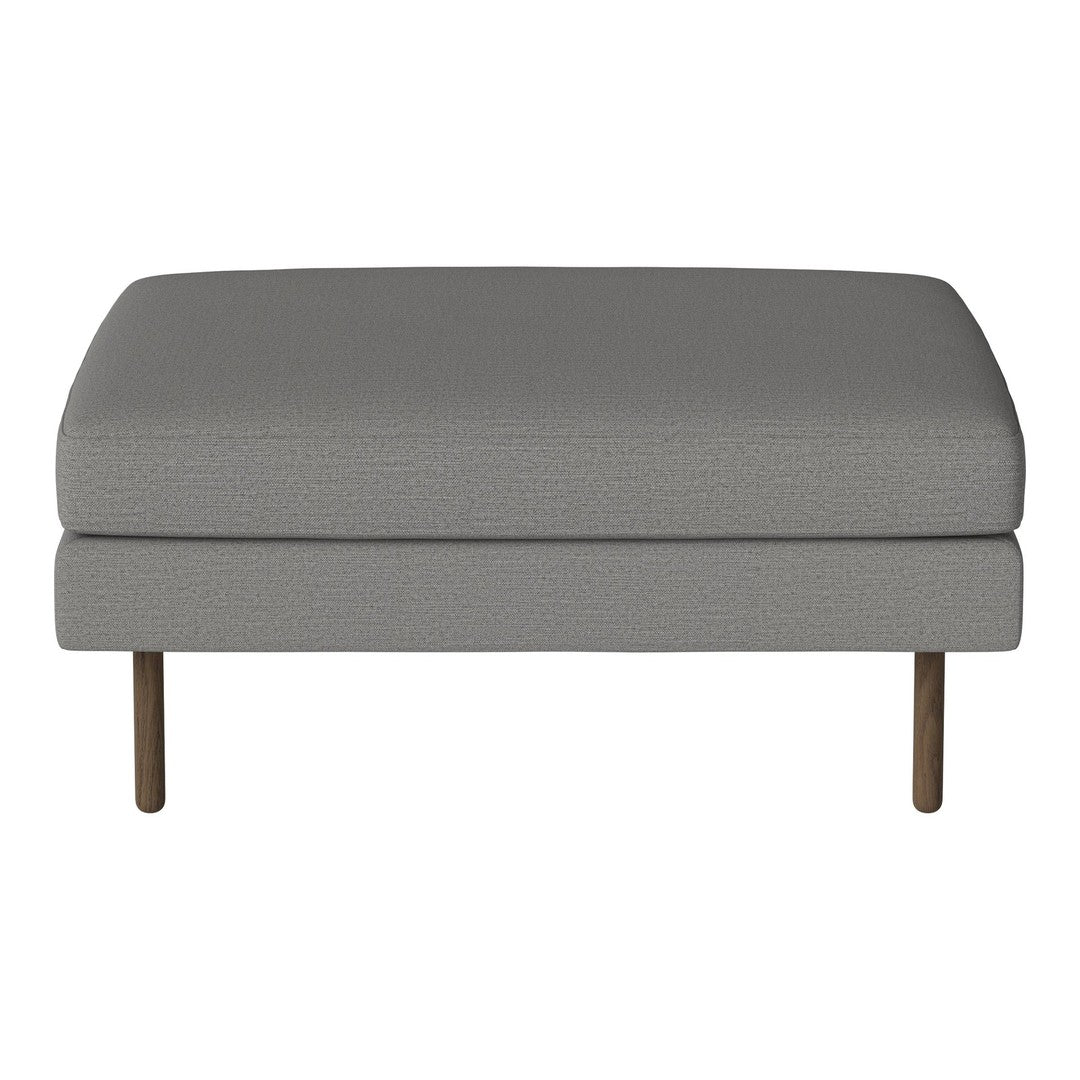 Gray upholstered ottoman with a smooth texture and sleek metal legs. Perfect for modern and minimalist decor.