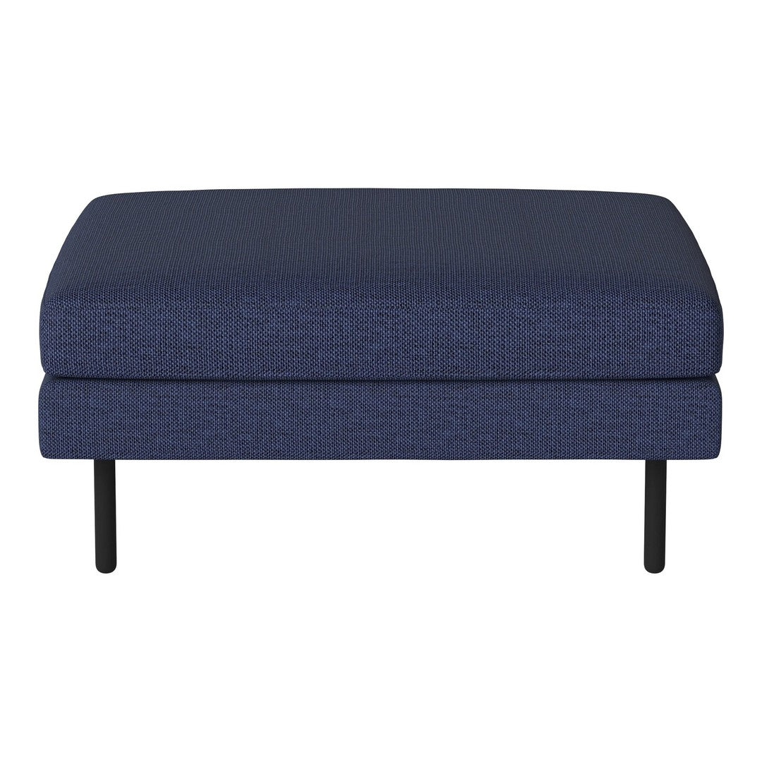 Navy blue upholstered ottoman with a textured fabric and sleek black metal legs. Modern and stylish accent furniture.