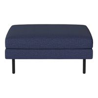 Navy blue upholstered ottoman with a textured fabric and sleek black metal legs. Modern and stylish accent furniture.