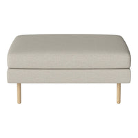 Light beige upholstered ottoman with smooth texture and natural wood legs. Minimalist design complements any decor.