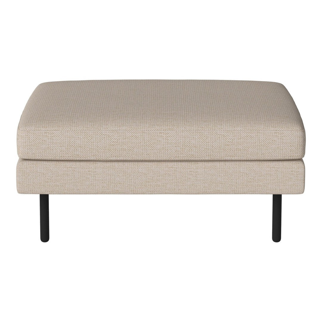 Beige upholstered ottoman with a smooth texture and sleek black legs, perfect for minimalist decor.