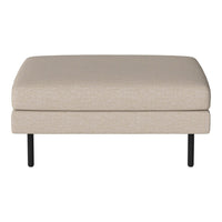 Beige upholstered ottoman with a smooth texture and sleek black legs, perfect for minimalist decor.
