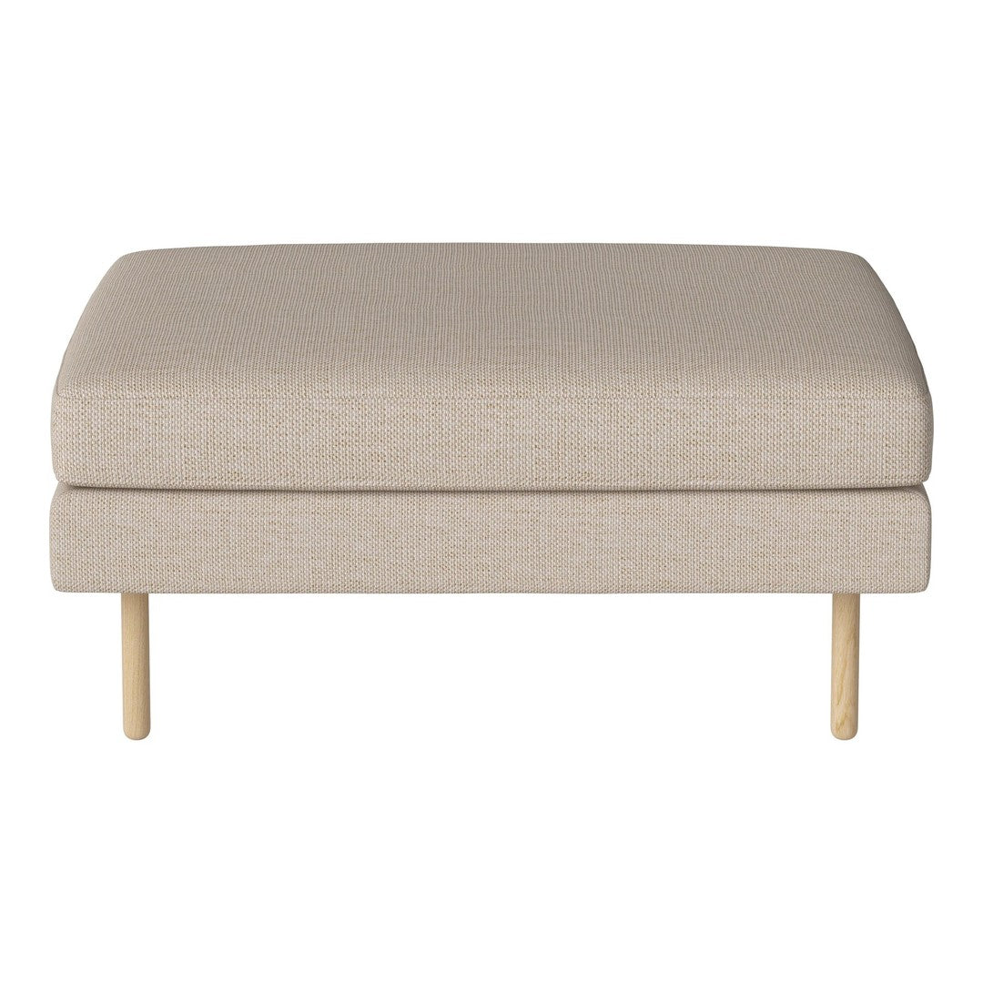Beige upholstered ottoman with a smooth texture and wooden legs, perfect for modern decor.