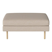 Beige upholstered ottoman with a smooth texture and wooden legs, perfect for modern decor.