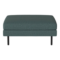 Teal upholstered ottoman with a textured surface and sleek black metal legs. Perfect for modern decor.