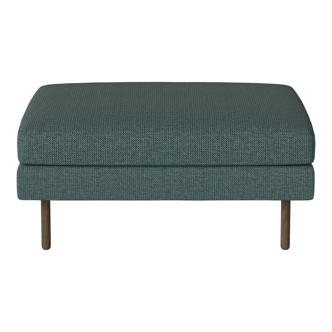 Teal upholstered ottoman with a textured pattern and wooden legs, perfect for modern decor.