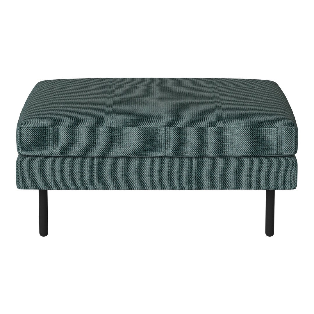 Teal upholstered ottoman with a smooth texture and subtle pattern, featuring sleek black legs.