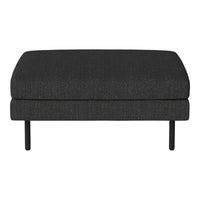 "Gray upholstered ottoman with a textured pattern and sturdy black metal legs."