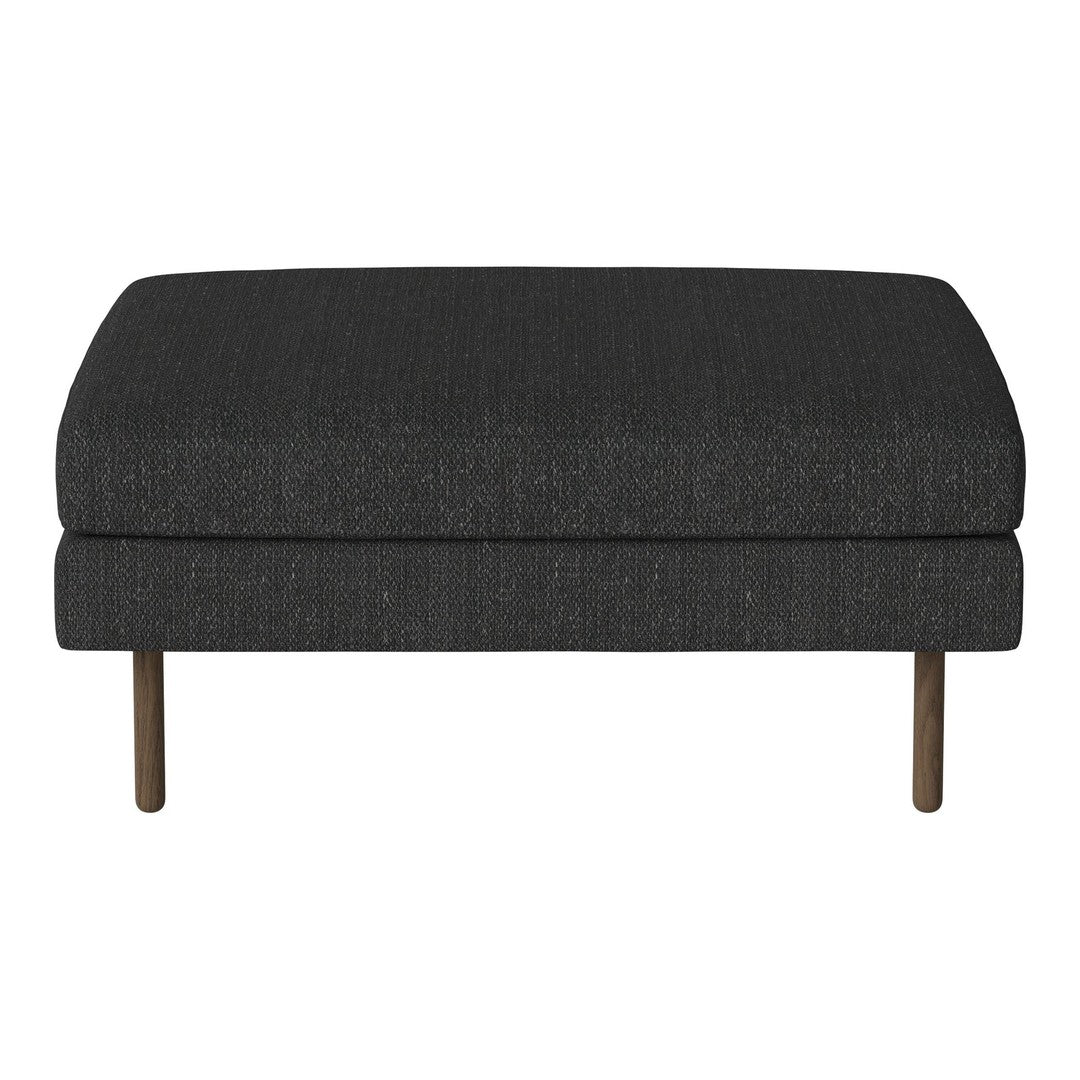 Dark gray upholstered ottoman with a textured fabric and sleek metal legs, adding modern elegance to any space.