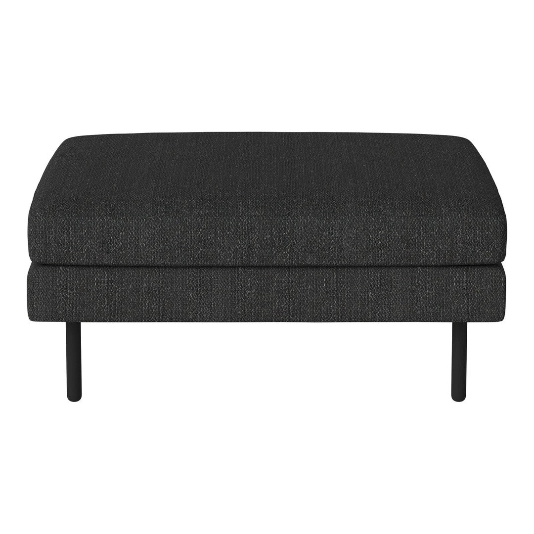 Textured dark gray ottoman with a sleek design and minimalist black legs, perfect for modern decor.