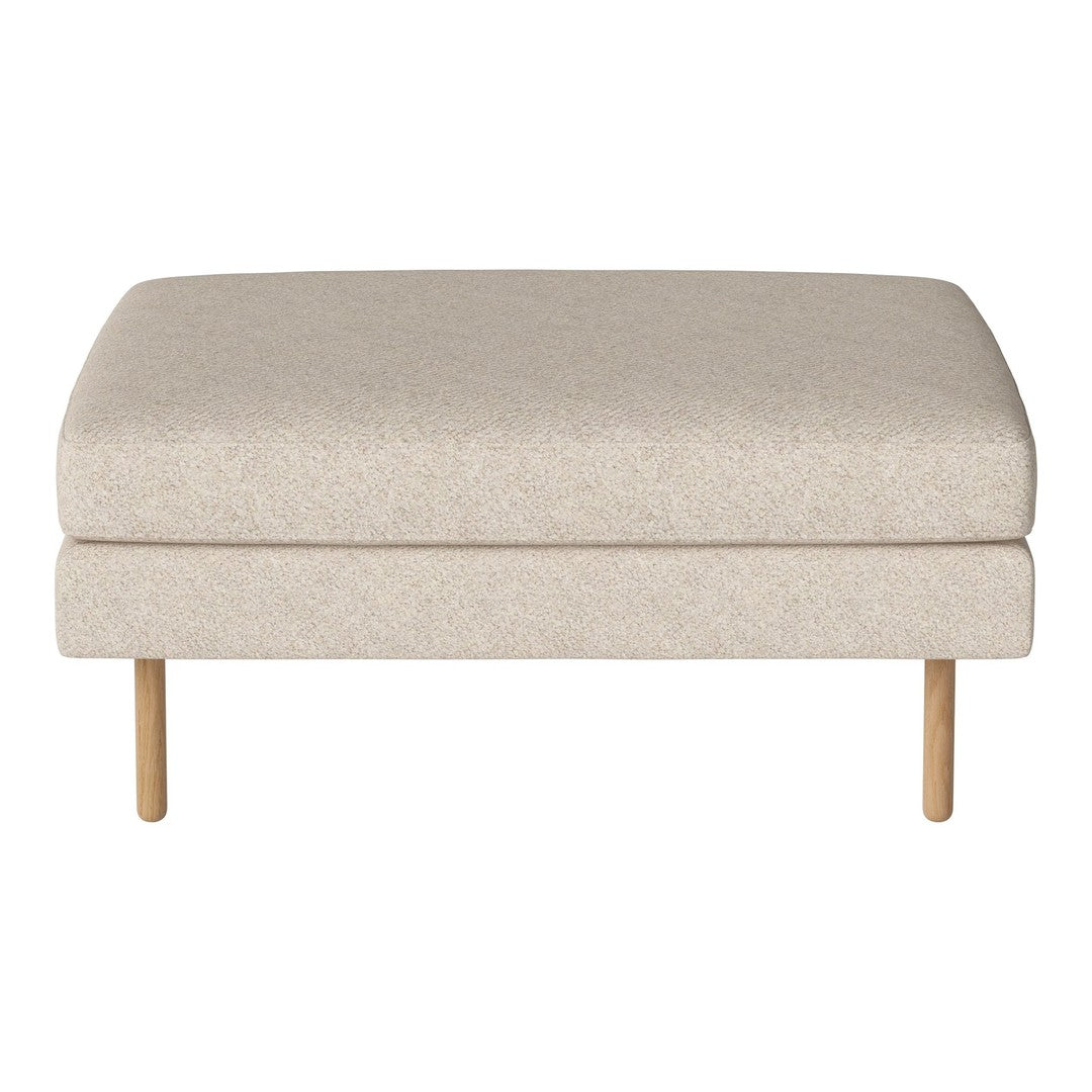 Beige upholstered ottoman with textured fabric and natural wooden legs. Perfect for modern decor.