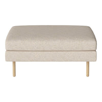 Beige upholstered ottoman with a smooth texture and light wood legs, ideal for modern decor.