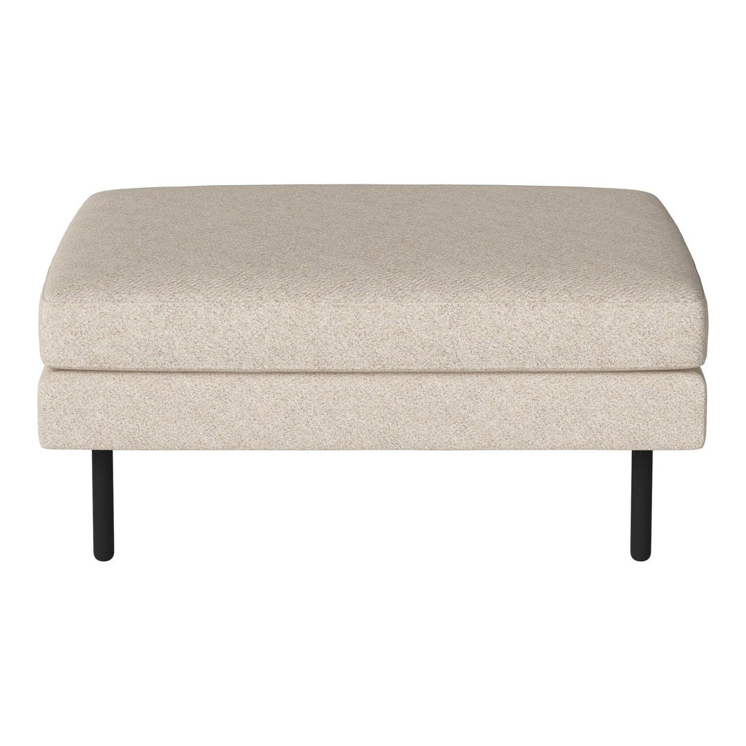Beige upholstered ottoman with a smooth texture and sleek black legs, offering a modern and minimalistic design.