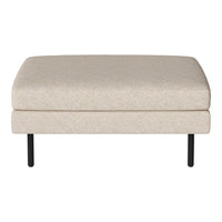 Beige upholstered ottoman with a smooth texture and sleek black legs, offering a modern and minimalistic design.