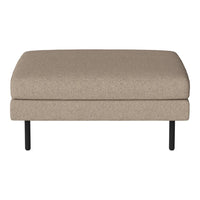 Beige upholstered ottoman with a smooth texture and black metal legs. Perfect for modern home decor.