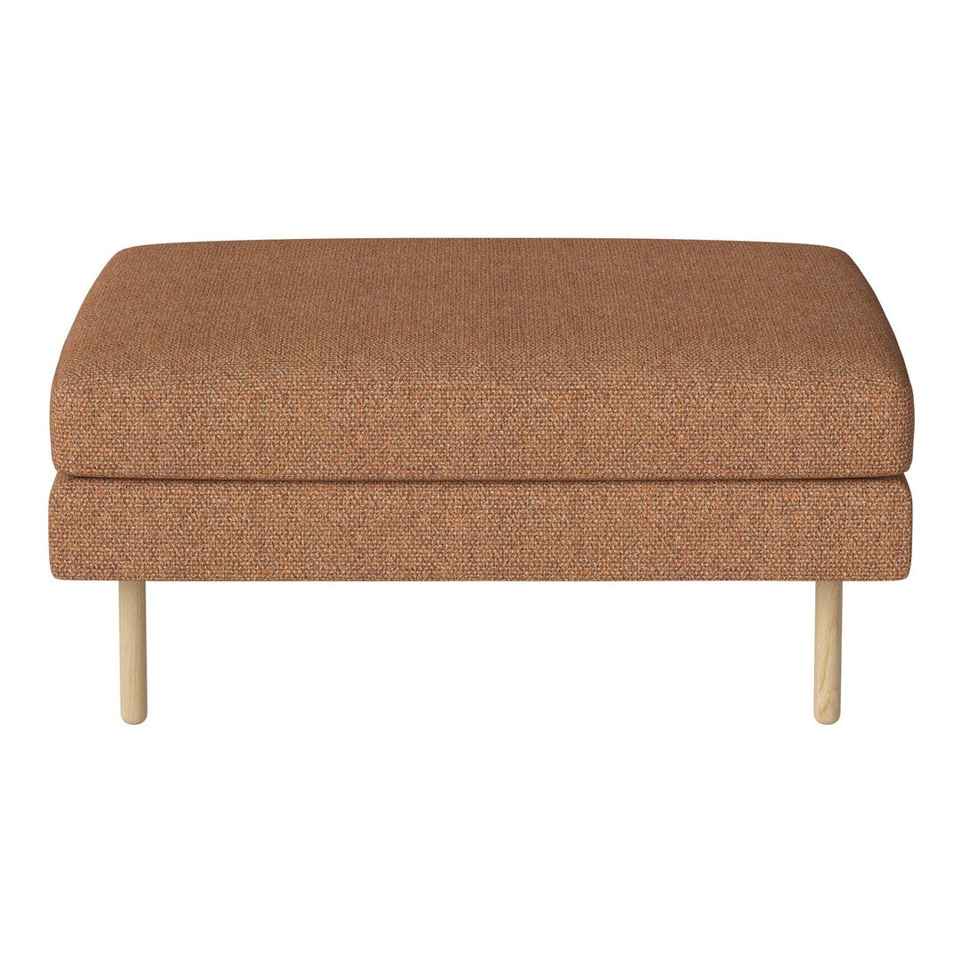 Brown textured ottoman with a subtle pattern and light wood legs, perfect for modern or contemporary decor.