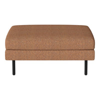 Brown upholstered ottoman with subtle texture and minimalist black metal legs. Ideal for modern living spaces.