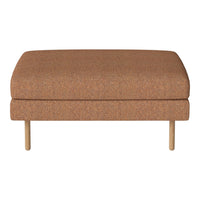 Brown textured ottoman with a smooth, minimalist design and light wooden legs. Perfect for modern decor.
