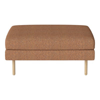 Brown textured ottoman with a smooth surface and light wooden legs. Ideal for modern living spaces.