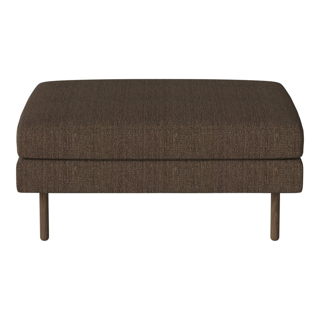 Brown upholstered ottoman with subtle textured pattern on a minimalist metal frame. Perfect for modern decor.