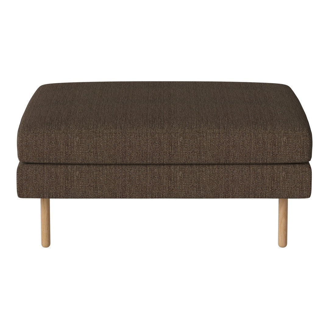 Brown textured ottoman with wooden legs, featuring a simple, modern design. Ideal for any living space.