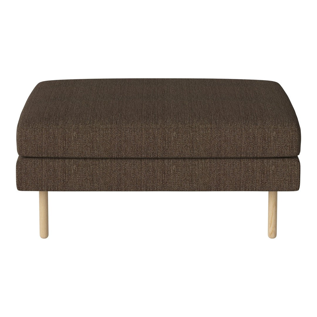 Brown upholstered ottoman with a textured pattern and light wooden legs. Ideal for modern or minimalist decor.