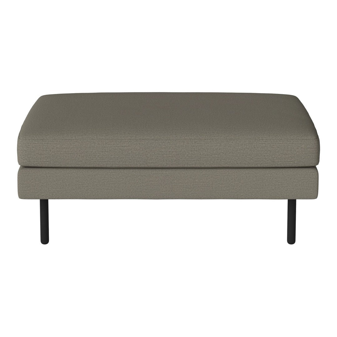 Gray upholstered ottoman with a smooth texture and minimalistic black metal legs. Ideal for any modern decor.