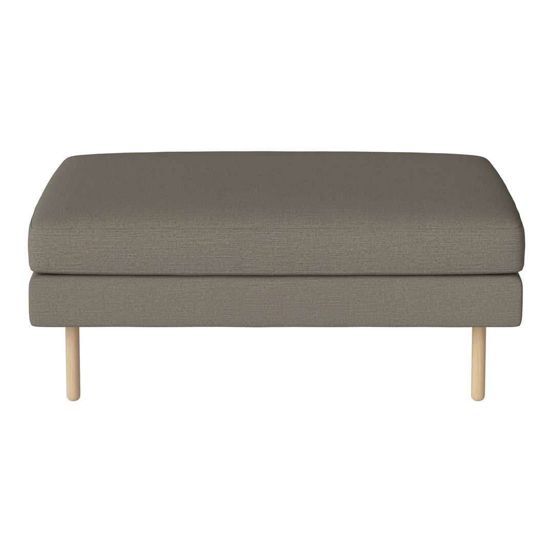 Gray upholstered ottoman with a textured pattern and light wooden legs. Ideal for modern living spaces.