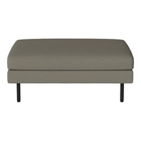 Light gray upholstered ottoman with a smooth texture and minimalist design, featuring black metal legs.
