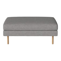Gray upholstered ottoman with clean lines and light wooden legs, showcasing a modern and minimalist design.