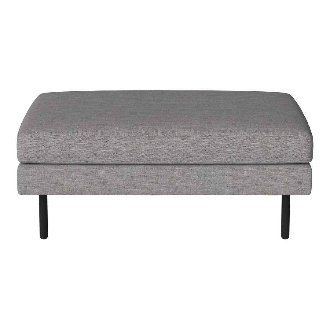 Gray upholstered ottoman with a smooth texture and sleek black metal legs. Perfect for any modern decor.