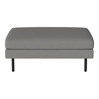 Gray upholstered ottoman with subtle textured pattern and black metal legs. Modern, stylish design for any decor.