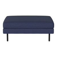 Navy blue upholstered ottoman with a textured pattern and sleek black legs. Ideal for modern living spaces.