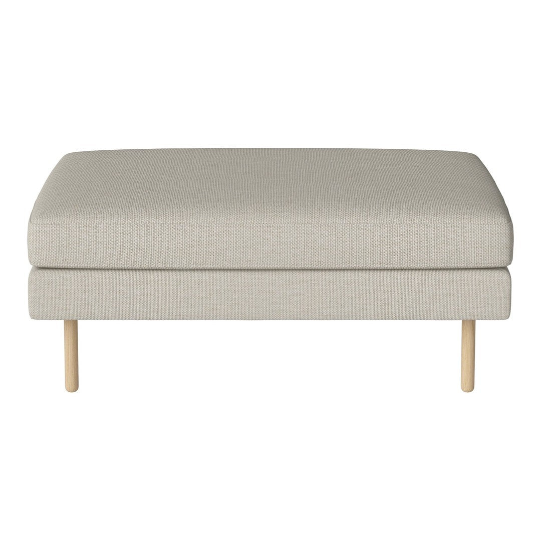 Light gray upholstered ottoman with a smooth texture and natural wooden legs, perfect for any modern decor.