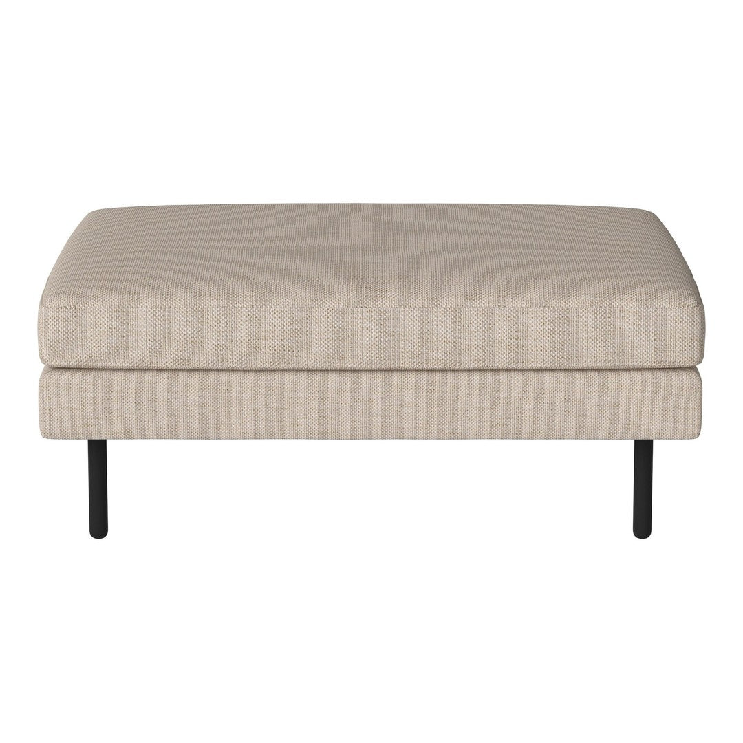 Light beige upholstered ottoman with a smooth surface and black metal legs. Perfect for modern decor.