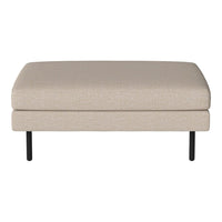 Beige upholstered ottoman with a smooth texture and black metal legs, adding a modern touch to any space.