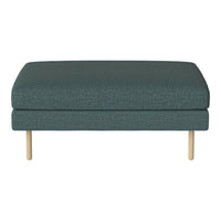 Teal upholstered ottoman with subtle textured pattern and light wood legs. Ideal for modern interiors.