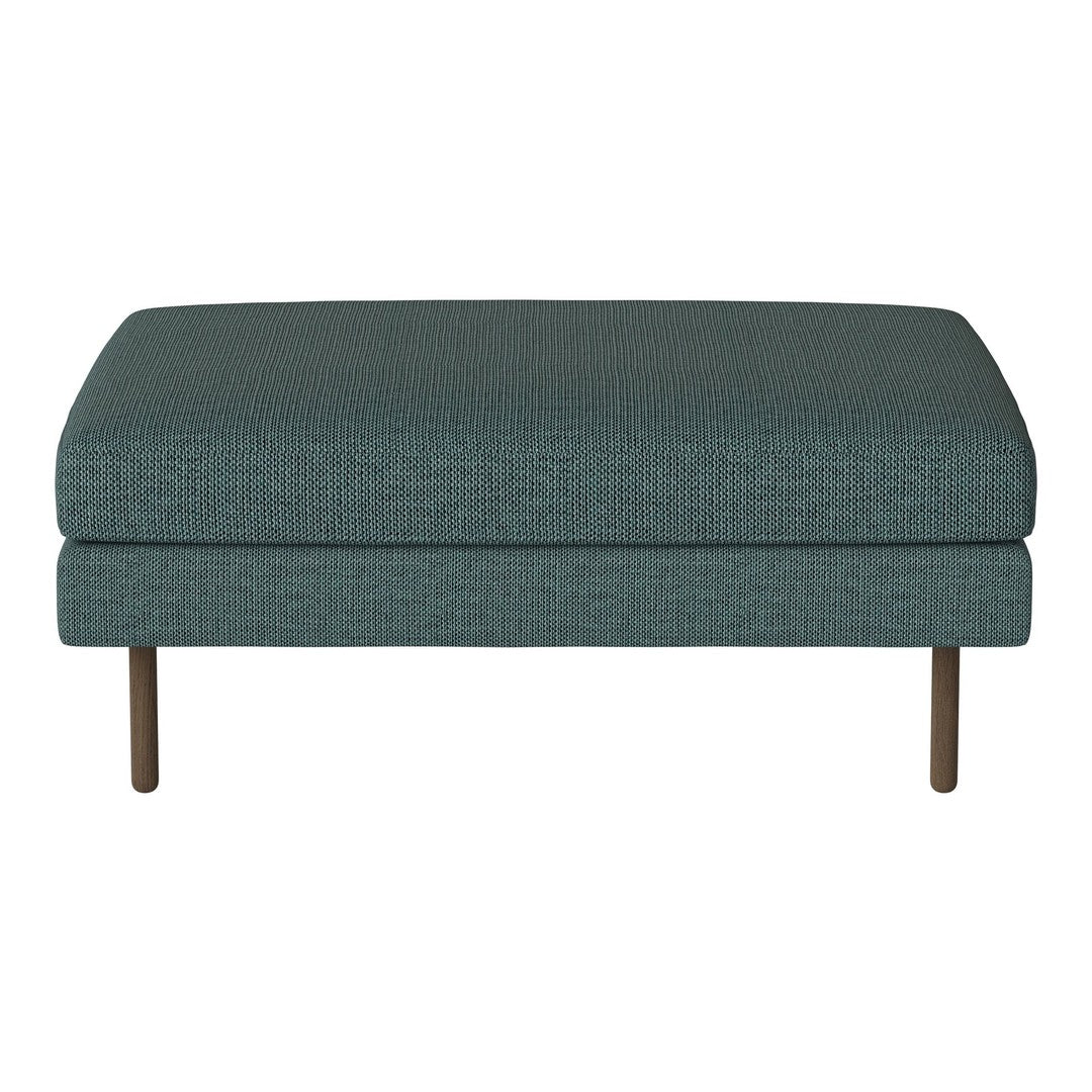 Teal upholstered ottoman with a textured pattern and sleek metal legs, perfect for modern home decor.