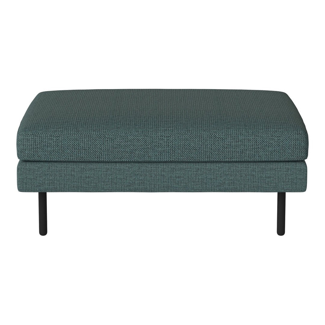 Teal upholstered ottoman with a textured surface and sleek black legs, perfect for modern decor.