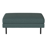 Teal upholstered ottoman with a textured surface and sleek black legs, perfect for modern decor.