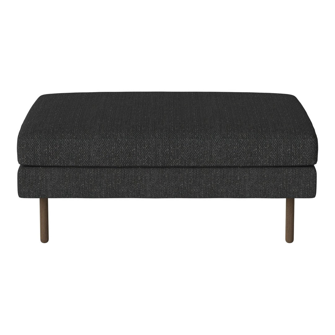 Stylish dark gray upholstered ottoman with subtle woven texture and sleek metal legs. Perfect for modern decor.