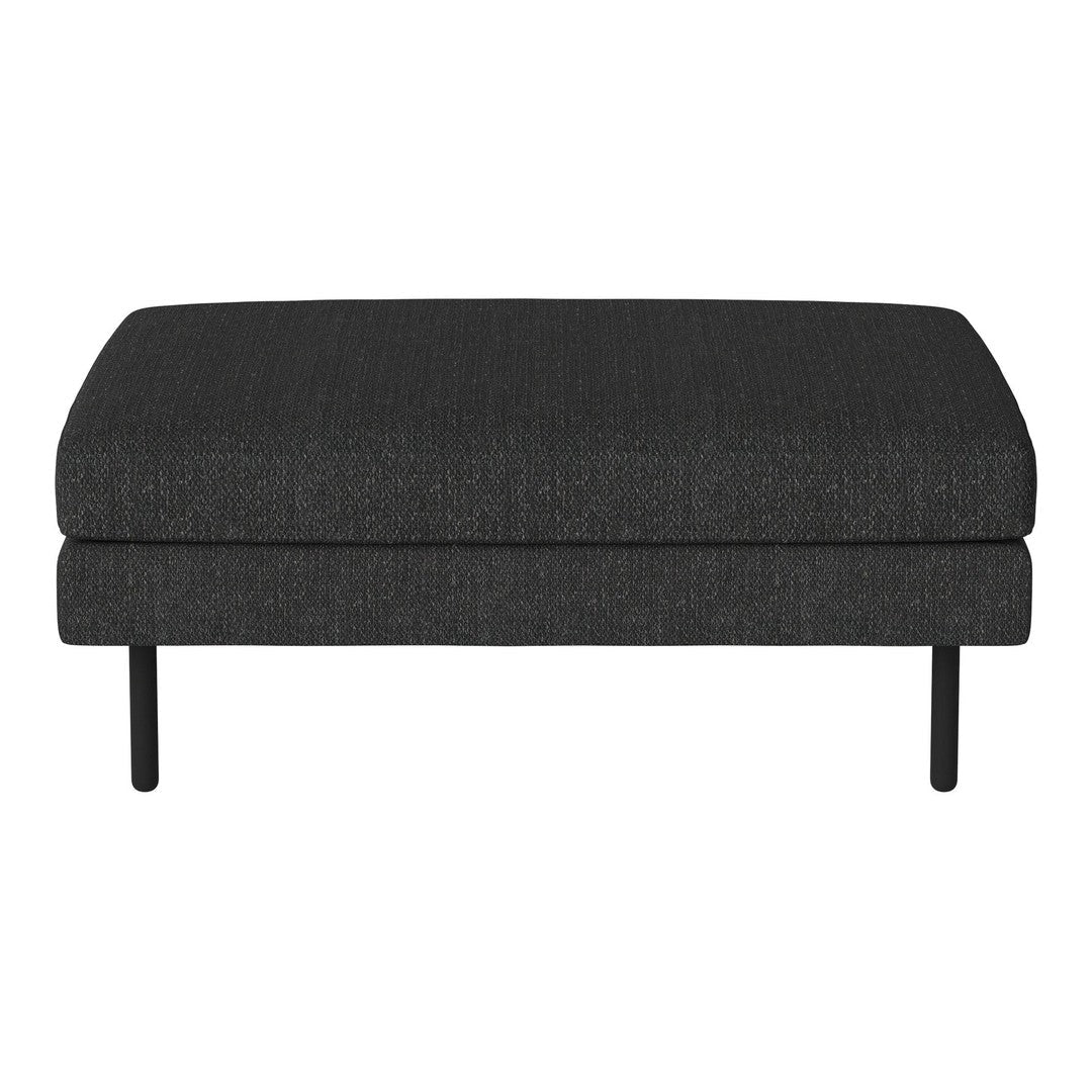 Black upholstered ottoman with a smooth texture and sleek minimalist design. Perfect for modern interiors.