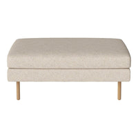 Light beige upholstered ottoman with subtle textured pattern and wooden legs. Perfect for neutral decor.