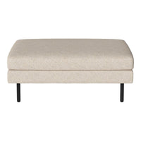 Beige upholstered ottoman with a textured pattern and sleek black metal legs. Perfect for modern decor.