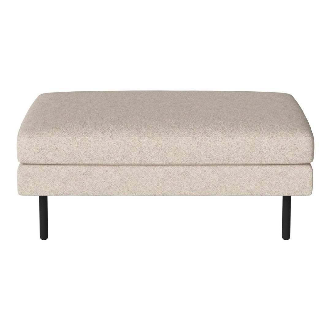 Beige upholstered ottoman with a subtle textured pattern, complemented by sleek black metal legs.