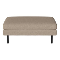 Beige upholstered ottoman on black metal legs, featuring a smooth, textured surface. Perfect for modern decor.