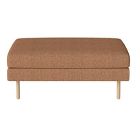 Brown upholstered ottoman with a smooth texture and natural wooden legs. Simple, modern design for versatile decor.