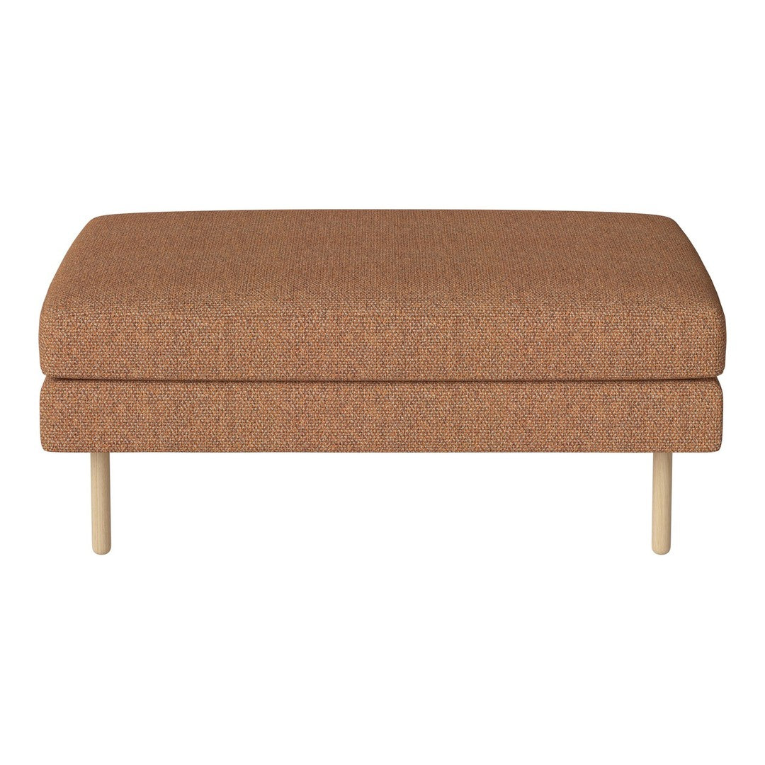Brown upholstered ottoman with a smooth, minimalist design and natural wooden legs. Ideal for modern decor.