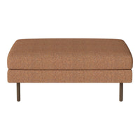 "Brown upholstered ottoman with a smooth, textured fabric and sleek legs for a modern touch."